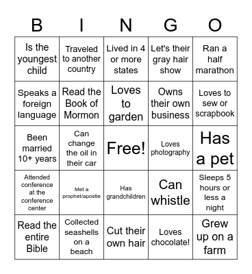 Relief Society Sister Bingo Card