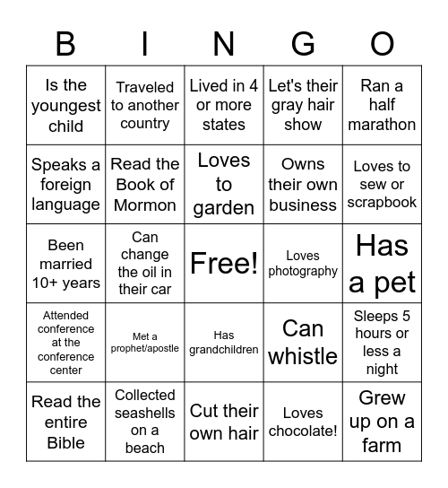 Relief Society Sister Bingo Card