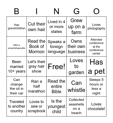 Relief Society Sister Bingo Card