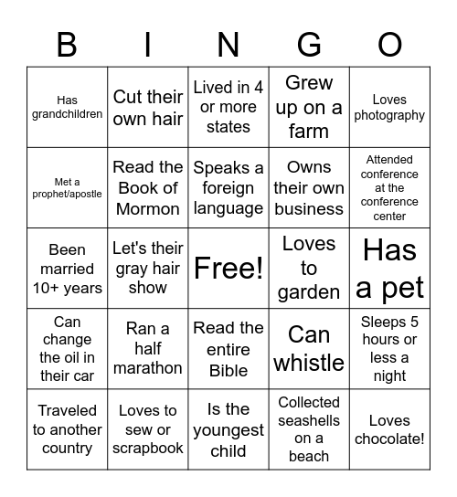 Relief Society Sister Bingo Card