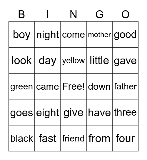 Spelling word bingo Card