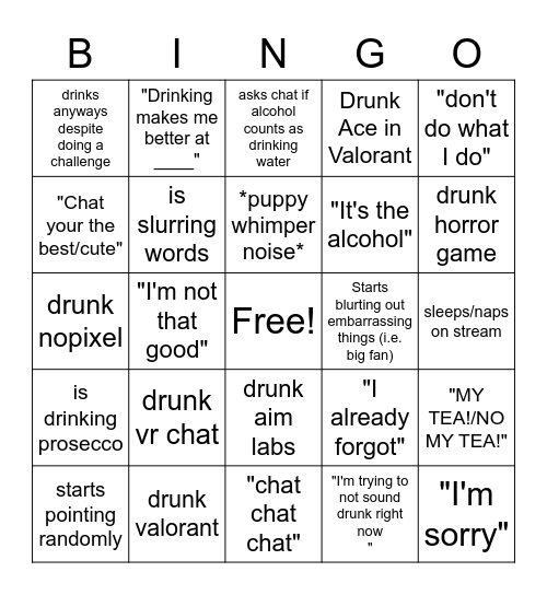 Drinking Bingo Card