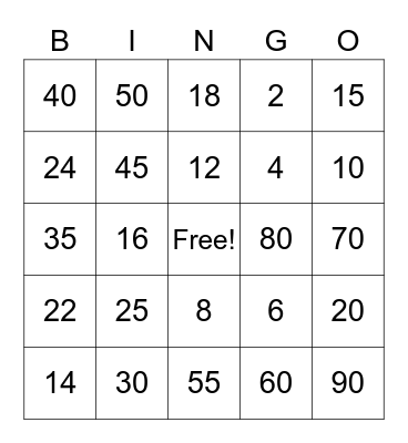 Multiplication Bingo Card
