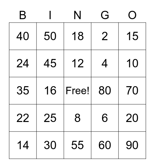 Multiplication Bingo Card