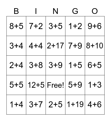 Addition 1-2-=0 Bingo Card