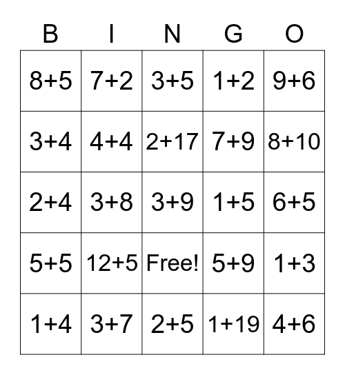 Addition 1-2-=0 Bingo Card