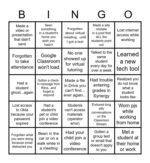Online Team Building Bingo Card