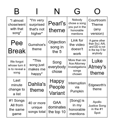 Michael's Ace Attorney Song Bingo Card