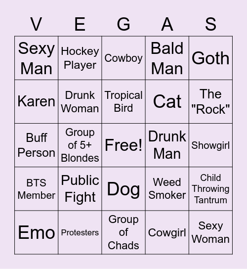 Las Vegas Bingo - People/ Animals Bingo Card