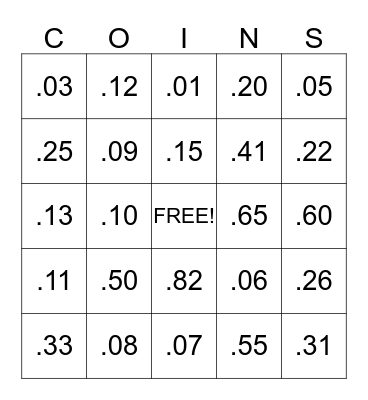 Counting With Coins Bingo Card