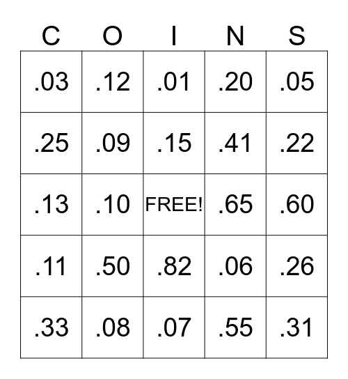 Counting With Coins Bingo Card