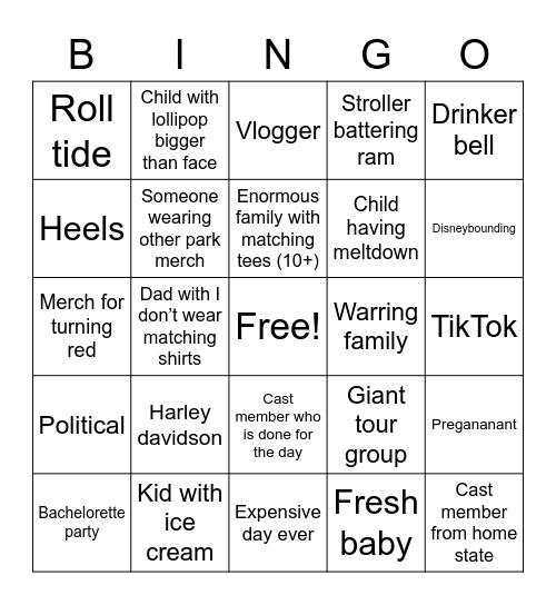 Disney world Bingo Card