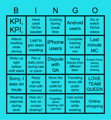 Queen Team Bingo Card