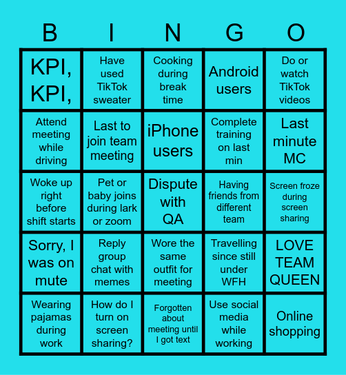 Queen Team Bingo Card