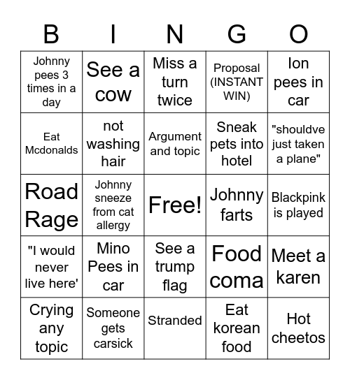 ROAD TRIP Bingo Card