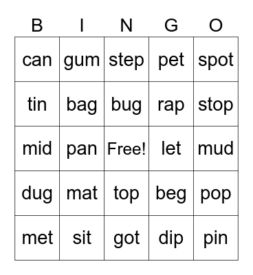 CVC word BINGO Card