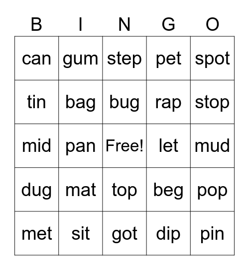 CVC word BINGO Card