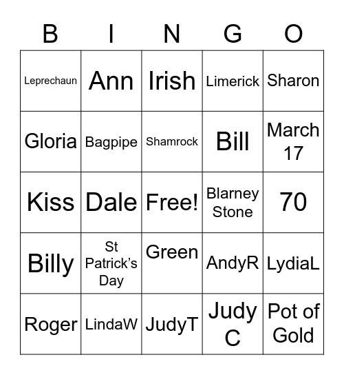 St Patrick’s Day Bingo Card