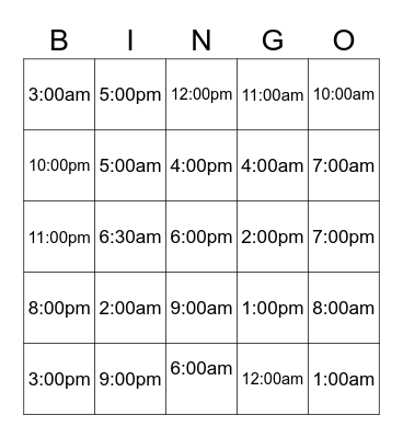 Times of the day Bingo Card