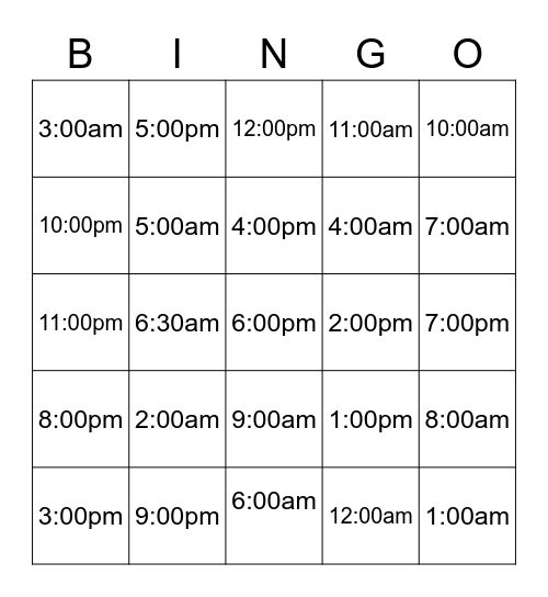 Times of the day Bingo Card