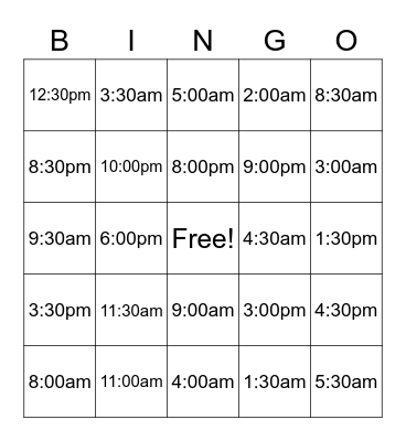 time of the morning and afternoon Bingo Card