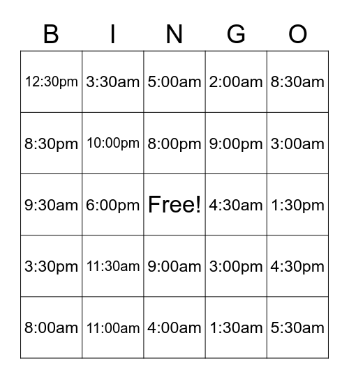 time of the morning and afternoon Bingo Card