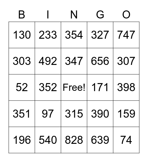 Long Division Bingo Card