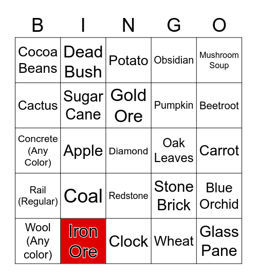 Minecraft Item Hunt Bingo Card