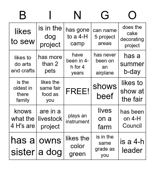 4-H Fremont Bingo Card