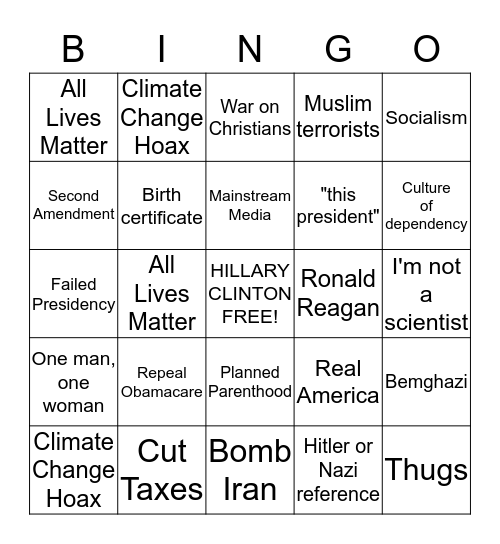 Republican Debate Bingo Card