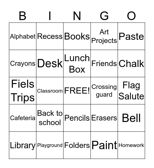 Back to school Bingo Card
