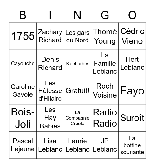 Musique francophone Bingo Card