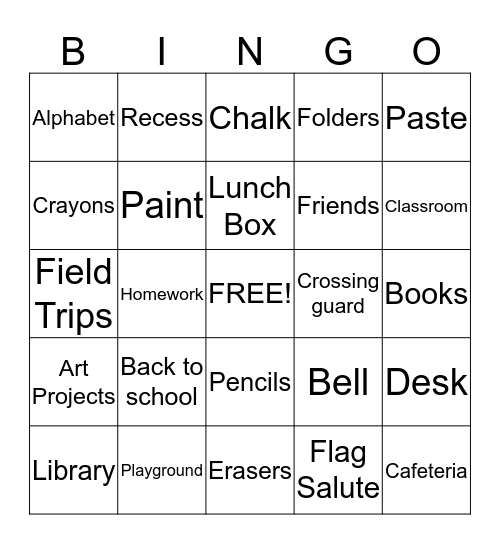 Back to school Bingo Card