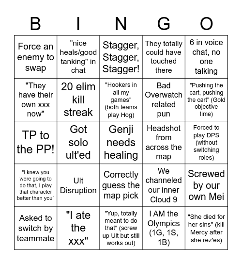 A Typical AC/KP Overwatch Day Bingo Card
