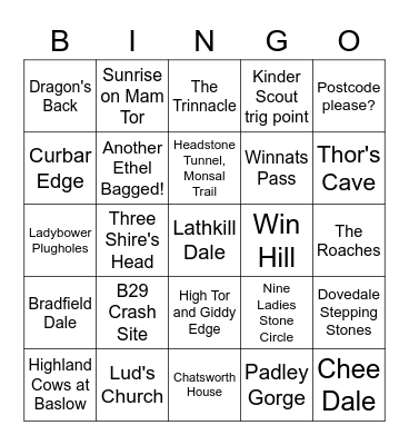 Derbyshire & Peak District Walks Bingo Card