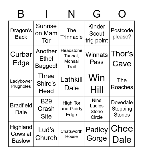 Derbyshire & Peak District Walks Bingo Card