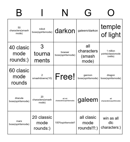 jordan's smash ultimate bingo challenge:)!!!!!!!!! Bingo Card