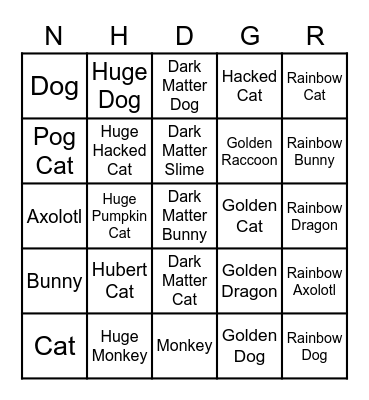 Pet Simulator X Bingo Card
