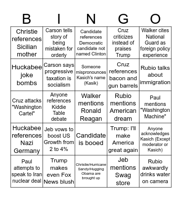 FOX News Republican Debate Date-night BINGO Card