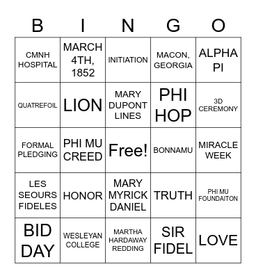 Phi Mu Bingo Card
