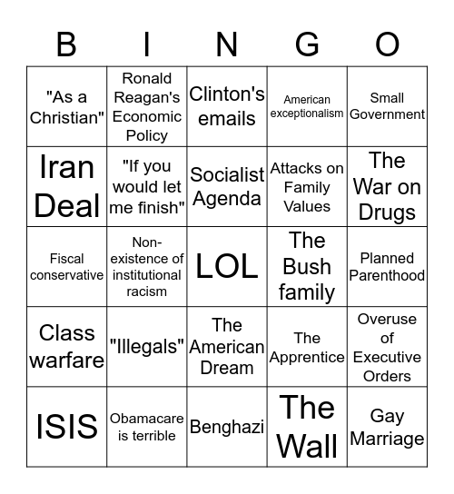 GOP Debate Bingo Card