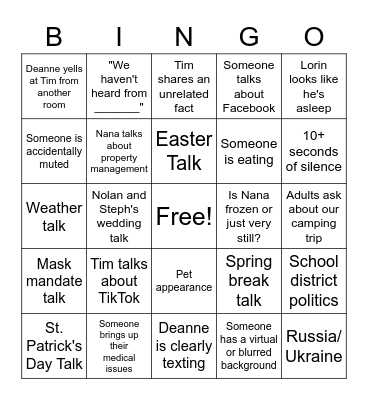 Wilson Fam 3/13 Bingo Card