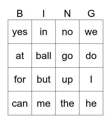 Sight words Bingo Card