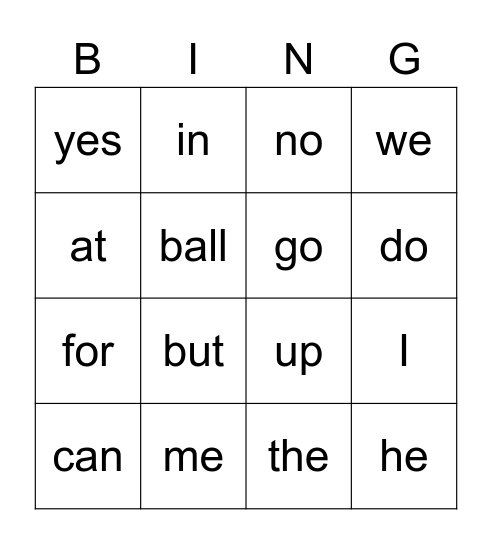 Sight words Bingo Card