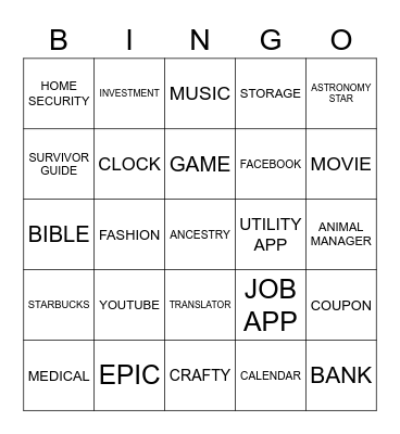 PHONE APP GAME Bingo Card
