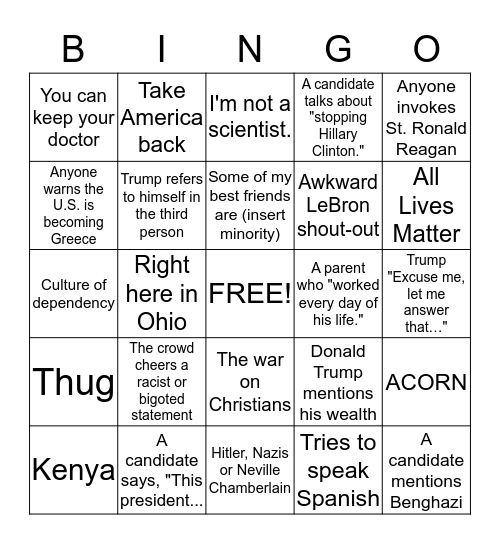 Republican Debate Bingo Card