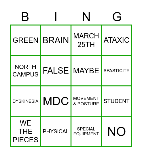 Cerebral Palsy Awarness Bingo Card