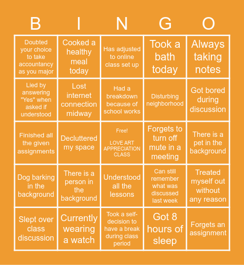 Online Class Bingo Card