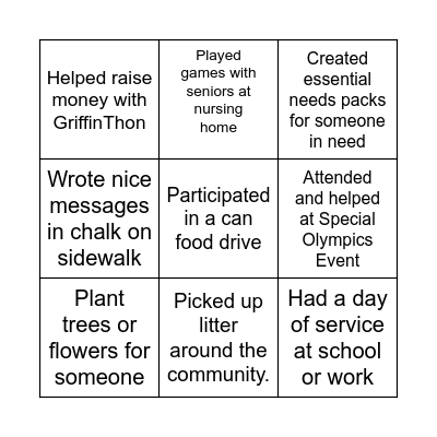 Service Bingo Card