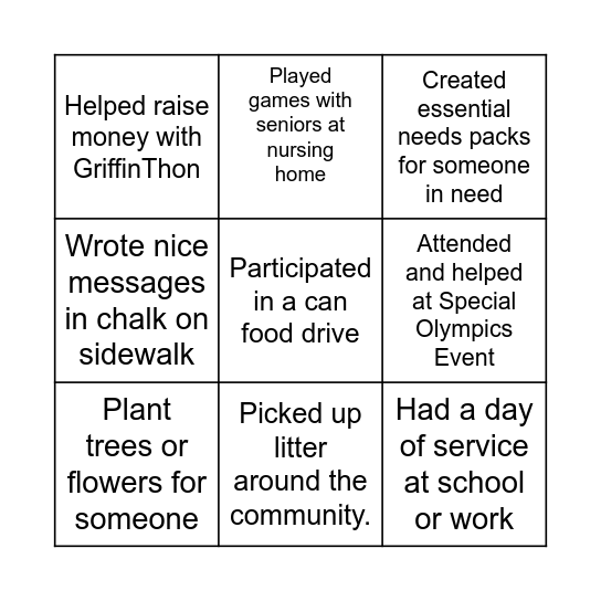 Service Bingo Card